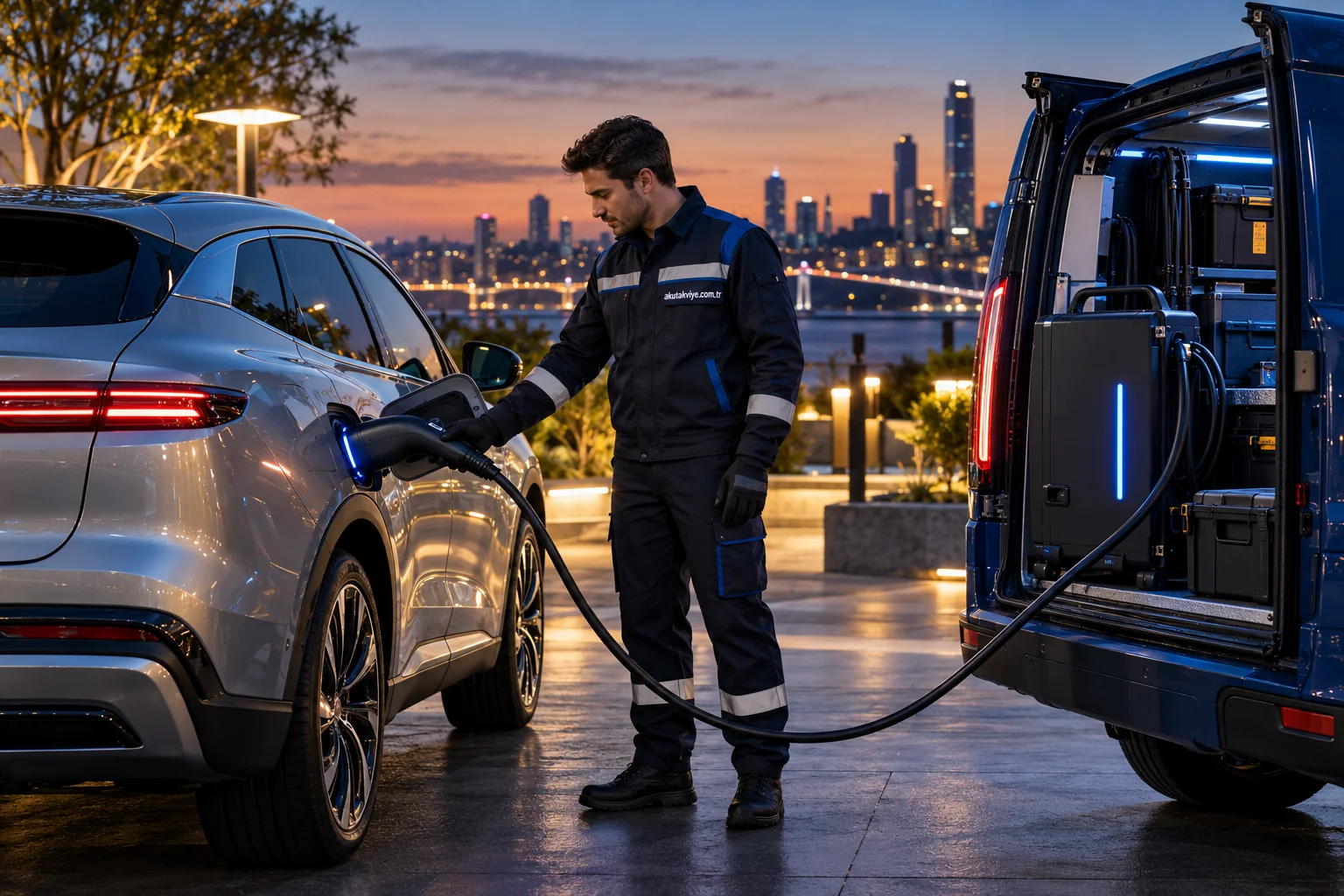 Elektrikli araçlara mobil şarj Elektrikli araç için mobil şarj ekipmanı ve servis aracı konsepti