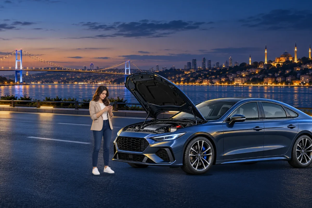 Mobil akü servisi İstanbul Mobil akü ekibinden aracının yanında destek alan müşteri