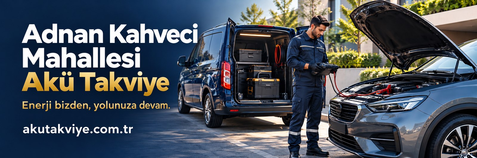 Adnan Kahveci Mahallesi akü takviye servis görseli, slogan ve akutakviye.com.tr