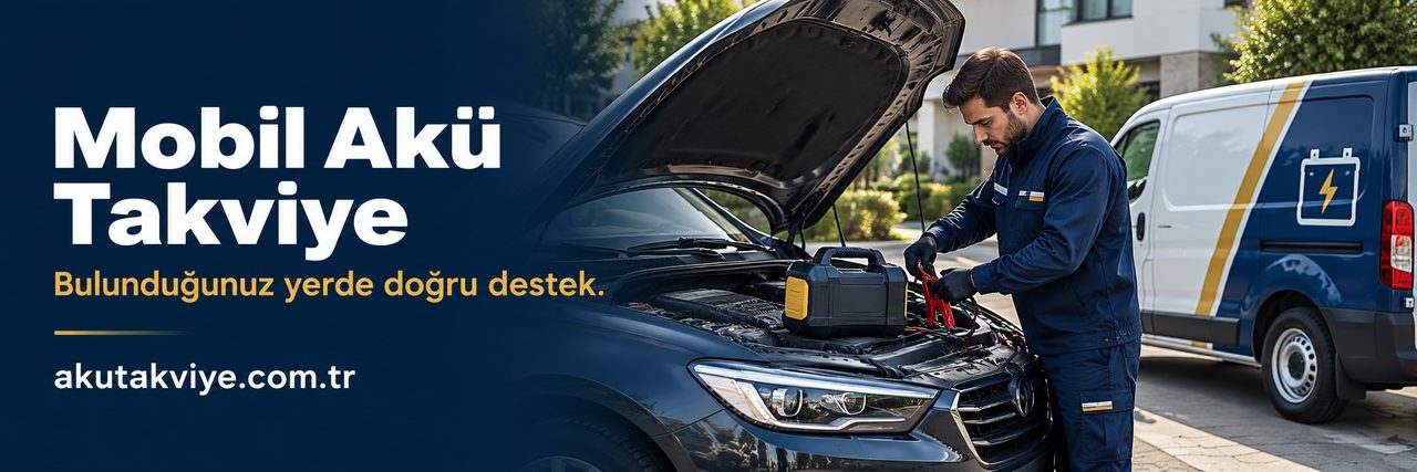 Profesyonel cihazla yerinde mobil akü takviye hizmetini anlatan kurumsal konsept; akutakviye.com.tr