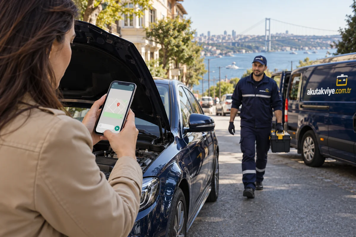 Mobil akü takviye için WhatsApp ve konum paylaşımı Mobil akü takviye için telefonundan konum paylaşan araç sahibi