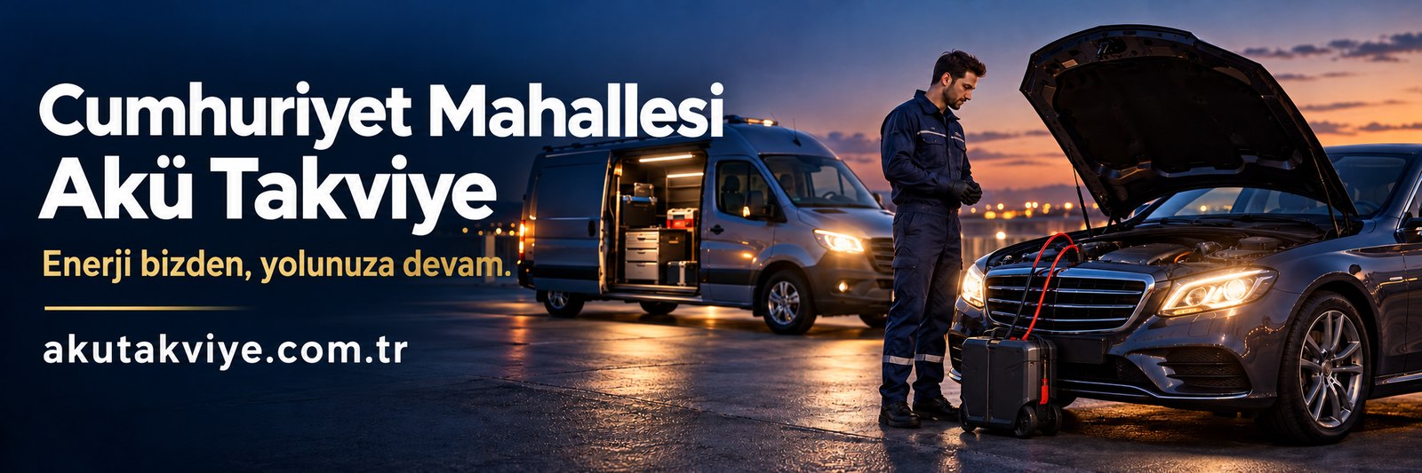 Cumhuriyet Mahallesi akü takviye servis görseli, slogan ve akutakviye.com.tr