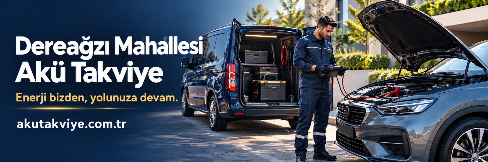 Dereağzı Mahallesi akü takviye servis görseli, slogan ve akutakviye.com.tr