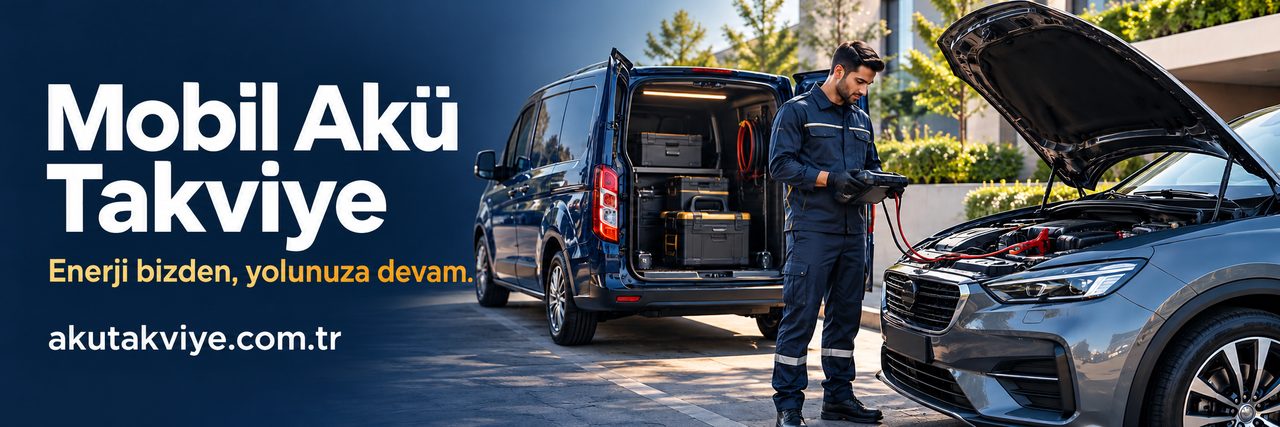 Mobil takviye desteğiyle aracın bulunduğu yerde değerlendirme yapan usta ve servis aracı; akutakviye.com.tr