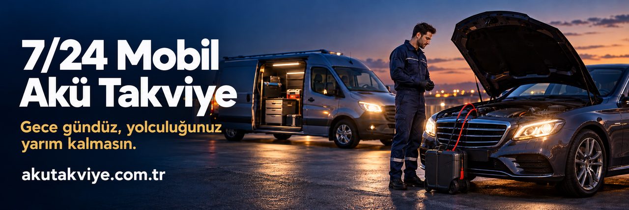 Gece yerinde akü desteğini anlatan aydınlatılmış mobil servis konsepti; akutakviye.com.tr