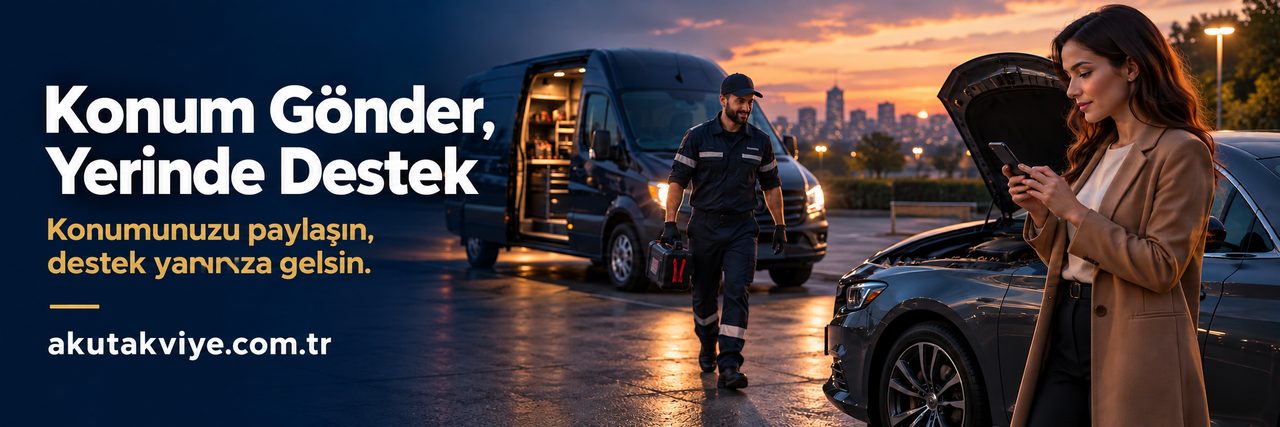 Konum paylaşan müşteri ile mobil servis ekibinin kurumsal konsept görseli; akutakviye.com.tr