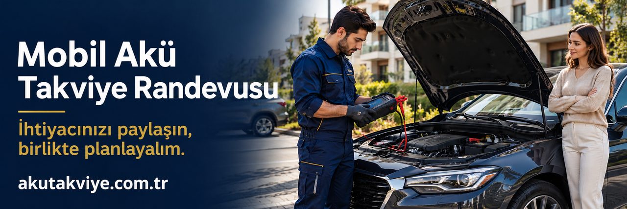 Araç başında mobil akü takviye değerlendirmesi ve randevu bilgisini anlatan konsept; akutakviye.com.tr